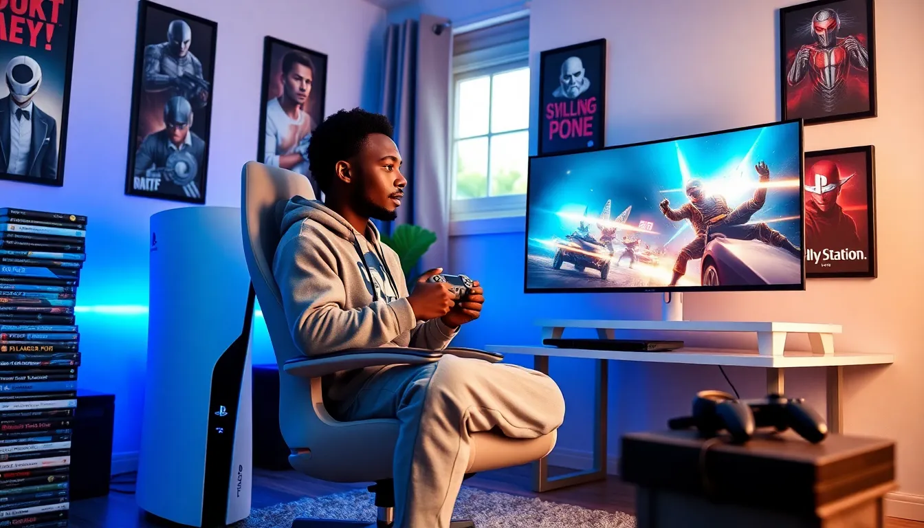 a young man gaming on a PlayStation 5 in a stylish room.
